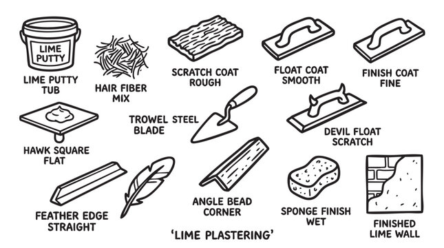 Lime plastering tools and materials vector illustration set.