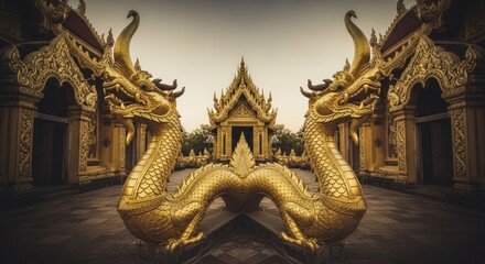Fototapeta premium Golden Naga Statues Guarding a Thai Temple Entrance.