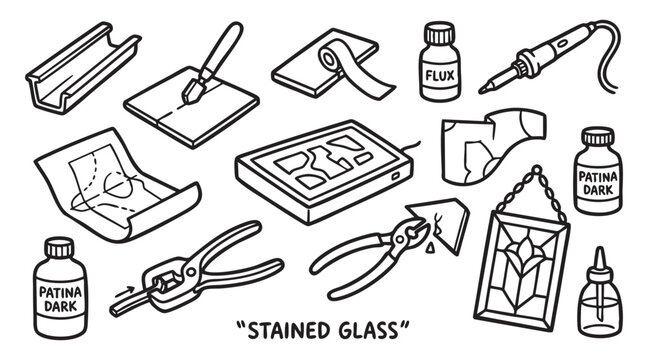 Stained glass making tools and materials, including lead channel, glass cutter, foil tape, flux, soldering iron, pattern, light box, lead nippers, patina dark, and finished panel.