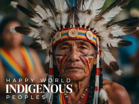Portrait of indigenous elder wearing traditional feathered headdress and paint.