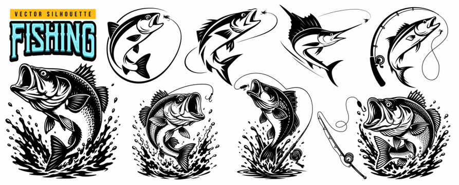 Set of fish silhouette with fishing rod and hook. Jumping salmon icon with water splash. Hobby, summer vacation or fisherman holiday travel concept background. Food hunting nature in sea or river.