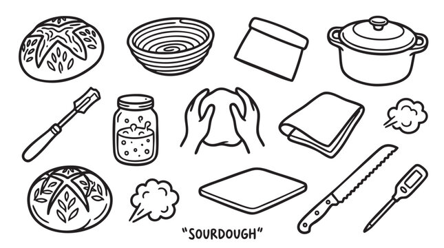 Sourdough bread baking equipment and kitchen tools vector icons.
