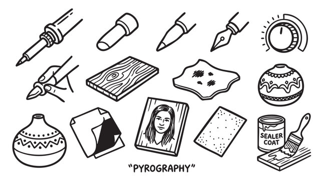 Pyrography wood burning tools and craft supplies vector set.