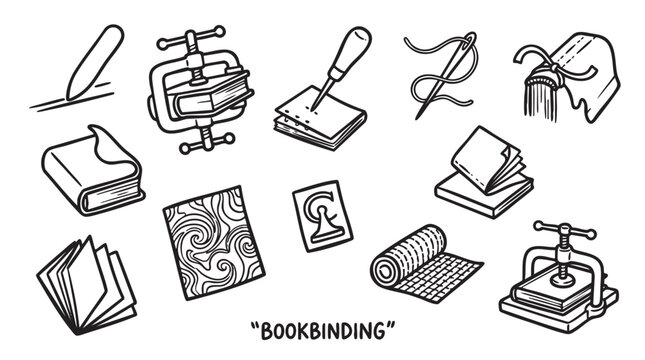 Set of simple outline icons for bookbinding theme, craft tools for making books in doodle style.