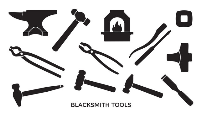 Collection of blacksmith tools for metalworking including anvil and hammers.