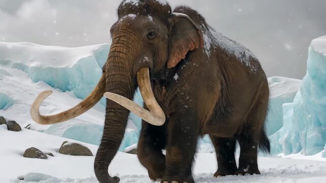 Walking footage of woolly mammoths in the snow Ice Age mammoths