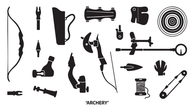 Archery equipment and gear collection showcasing black silhouette icons for target shooting and bow sports.