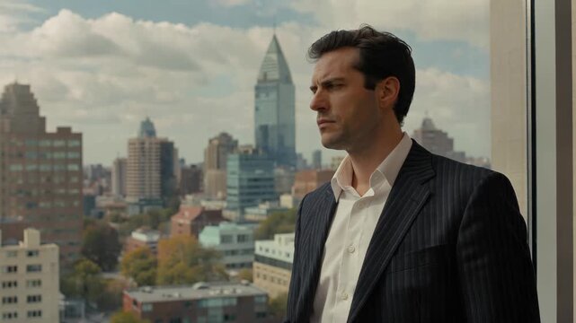 Suit men looking out the window at the city view, city elites looking out into the distance