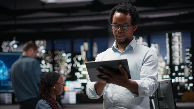 Programmer automating mobile app development tasks using AI scripts on tablet. IT professional leveraging artificial intelligence on device to accelerate feature implementation for coding workflows.
