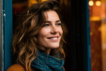 Fototapeta premium Smiling young woman standing outdoors enjoying golden hour