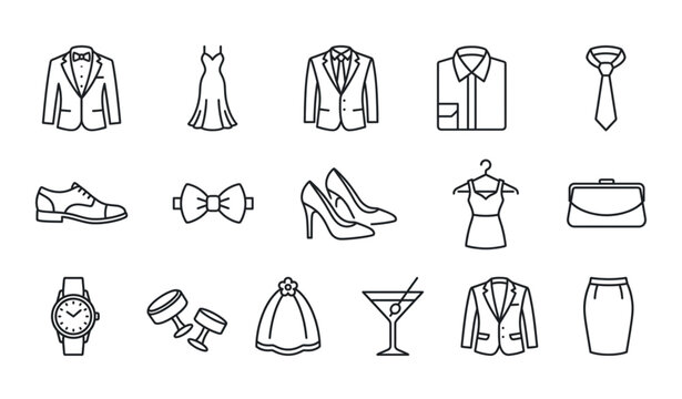 Event Dress Code Line Icon Set with Tuxedo Suit Tie Shoe and Fashion Symbols