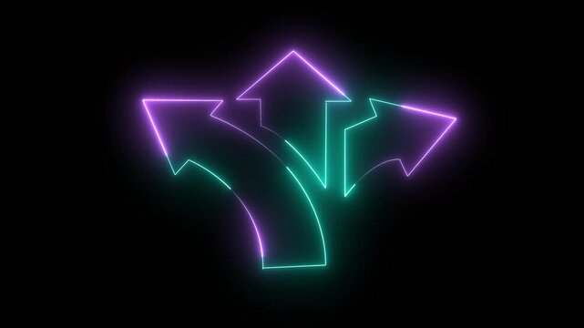 Glowing cyan color 3 side arrow animation. Directional Arrows and Symbols on black background. Arrow pointing to right, left, up 4k video