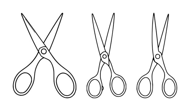 Black line art, white background: pair of office scissors set with simple line art design featuring simple design, minimalist, black and white with illustrations and graphics