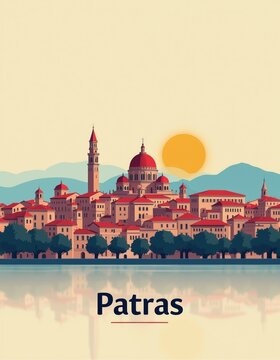 Cityscape illustration of Patras Greece with traditional architecture, domes, and a minaret. Reflecting on calm water with a setting sun behind distant hills. Peaceful urban waterfront.