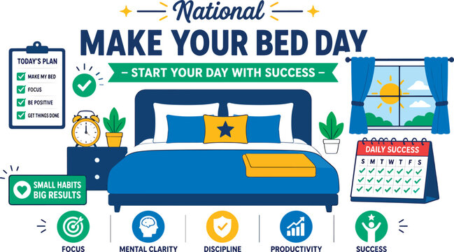 National Make Your Bed Day flat vector illustration featuring a neatly made bed