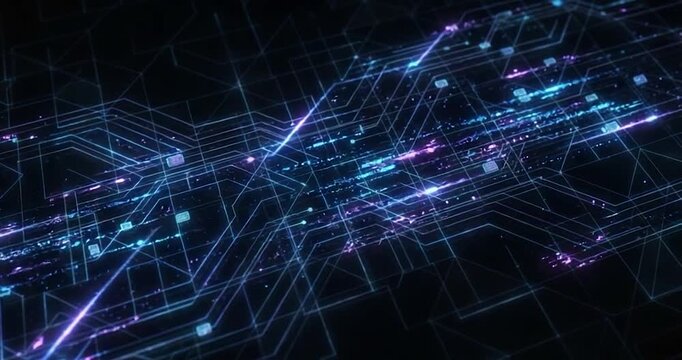 Digital network abstract technology data stream circuit board cyber security neon light, futuristic glowing blue purple backdrop with dark grid and seamless luminous lines flowing signal