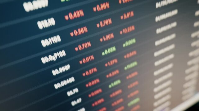 List of cryptocurrency prices and percentage changes scrolls down on a trading platform. Close-up, angled shot shows the dynamic fluctuations of the digital financial market.