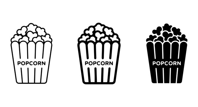 Popcorn icon set, outline, solid, silhouette, white background, vector illustration