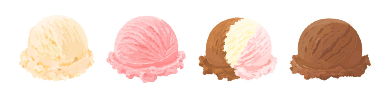 Set of vanilla, strawberry, chocolate and neapolitan ice cream scoop. Summer dessert illustration isolated on white background. Perfect for menu, packaging and dessert design.