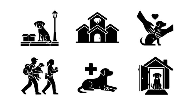 7 Animal Silhouette Icons dog cat owner vet care, solid black style, pets