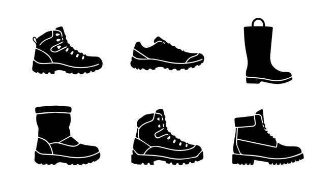 6 Footwear silhouette icons, solid black style, fashion accessories set