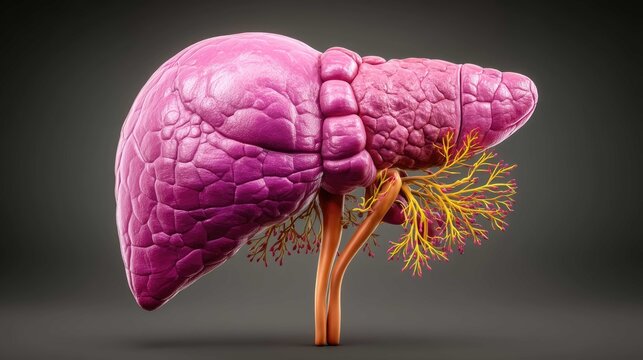 Detailed anatomical illustration of a human liver highlighting vascular connections and structural features in vibrant colors