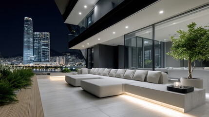 Obraz premium Night view outdoor lounge luxury terrace modern apartment city skyline waterfront sectional sofa ambient lighting, serene balcony with glass facade