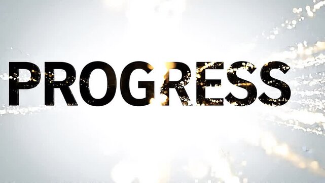 Dynamic motion graphics featuring the word progress in bold black letters against a bright sparkling abstract background with golden light flares
