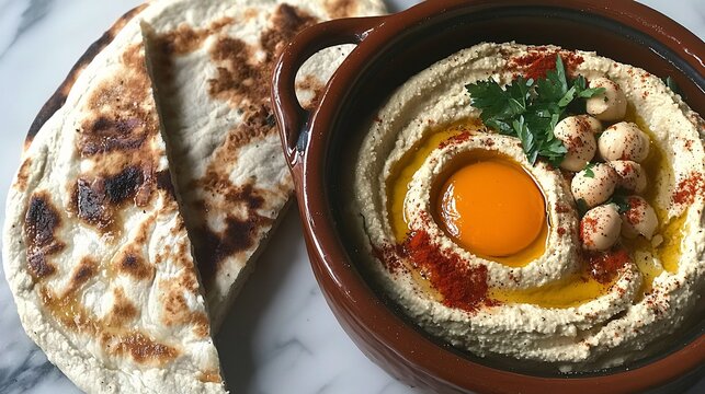Creamy Hummus with Egg Yolk and Spices Served with Flatbread