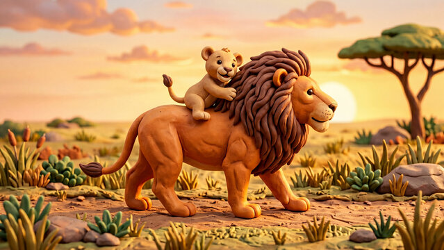 A cute claymation style lion cub riding on the back of a large adult lion