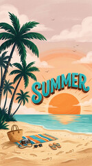 Obraz premium A vibrant beach scene with palm trees, a sunset, and beach essentials, symbolizing vacation, relaxation, and summer vibes