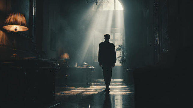 A solitary businessman in a dark suit stands at the center of a grand, dimly lit interior space as dramatic beams of light pierce through tall windows