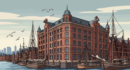 Historical Brick Warehouse Building on Waterfront with Vintage Sailing Ships © Kawa