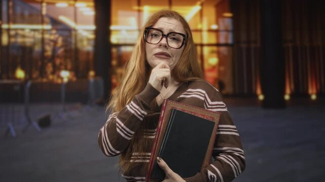 Young redhead woman holding a large book with hand on chin in a thinking pose inside a building lobby; thoughtful curiosity.