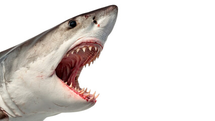 Close up of a fierce wild shark head with open mouth showing sharp teeth isolated on transparent...