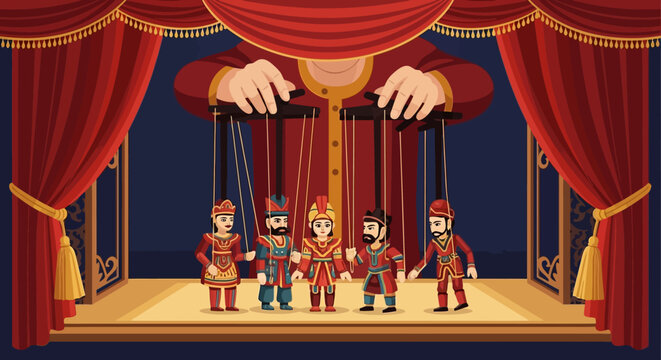Puppeteer Controlling Traditional Marionette Figures on Stage