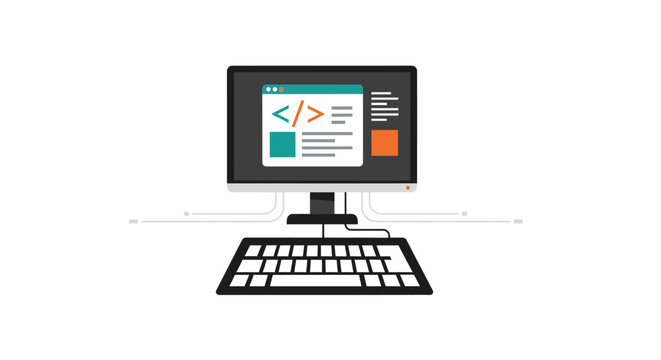Desktop computer monitor displaying code with keyboard, representing programming and software development, isolated white background.