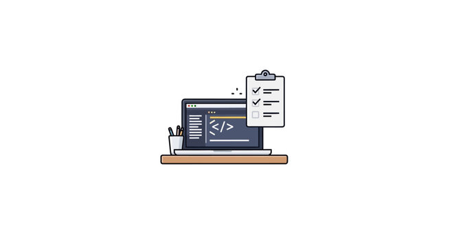 Laptop Showing Coding Interface and Checklist for Software Development on Desk with Isolated White Background.