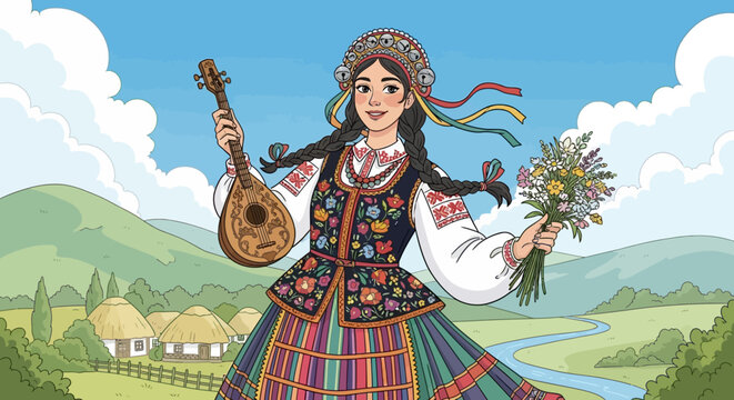Ukrainian Girl in Traditional Folk Costume Holding Mandolin and Flowers