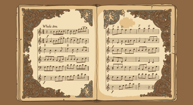 Vintage Open Music Book with Ornate Decorative Borders