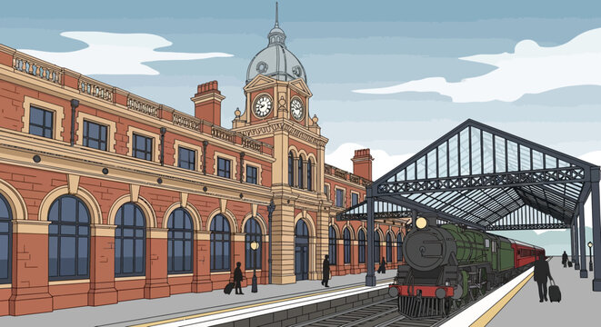 vintage train station with clock tower and steam locomotive