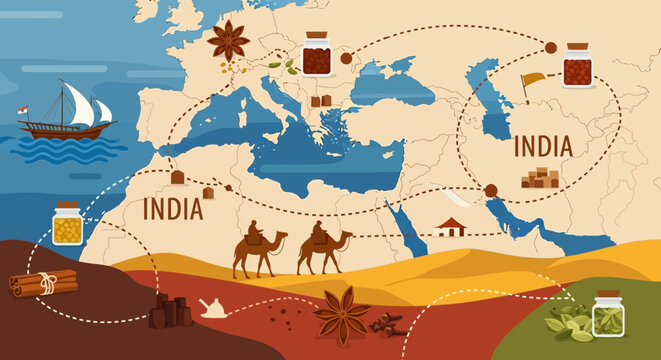 Ancient Spice Trade Routes Map Illustration