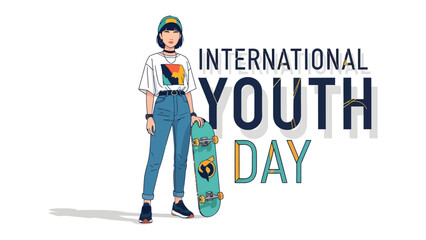 Youth Day Celebration: A stylish young person in trendy clothing stands confidently beside a skateboard, with International Youth Day text prominently displayed. © Md