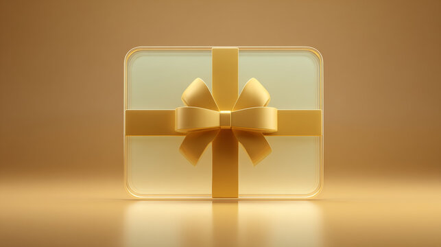 Luxurious modern golden gift box tied with an elegant ribbon floating on a glowing geometric background.