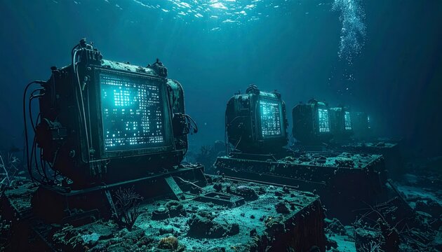 Submerged bioluminescent data nodes illuminating an abyssal technological graveyard in a cinematic widescreen composition, featuring glowing digital screens resting on the seabed.
