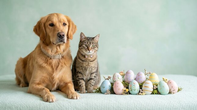 Golden retriever dog sitting beside tabby cat with pastel decorated easter eggs on light green background in festive spring studio scene