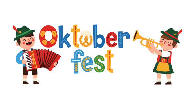 Oktoberfest Celebration: Two cheerful children in traditional Bavarian attire play musical instruments, a button accordion and a trumpet, beneath the vibrant Oktoberfest text.