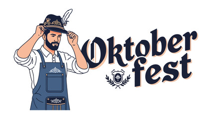 Oktoberfest Man Illustration: A man in traditional Bavarian attire, adjusting his feathered hat, stands proudly beside the bold Oktoberfest lettering. © Md