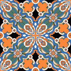 Fototapeta premium Symmetrical retro vector background featuring flowers stars and circular geometry
