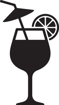 A black silhouette of a cocktail glass with a straw and lemon slice on a white background, symbolizing a refreshing drink.